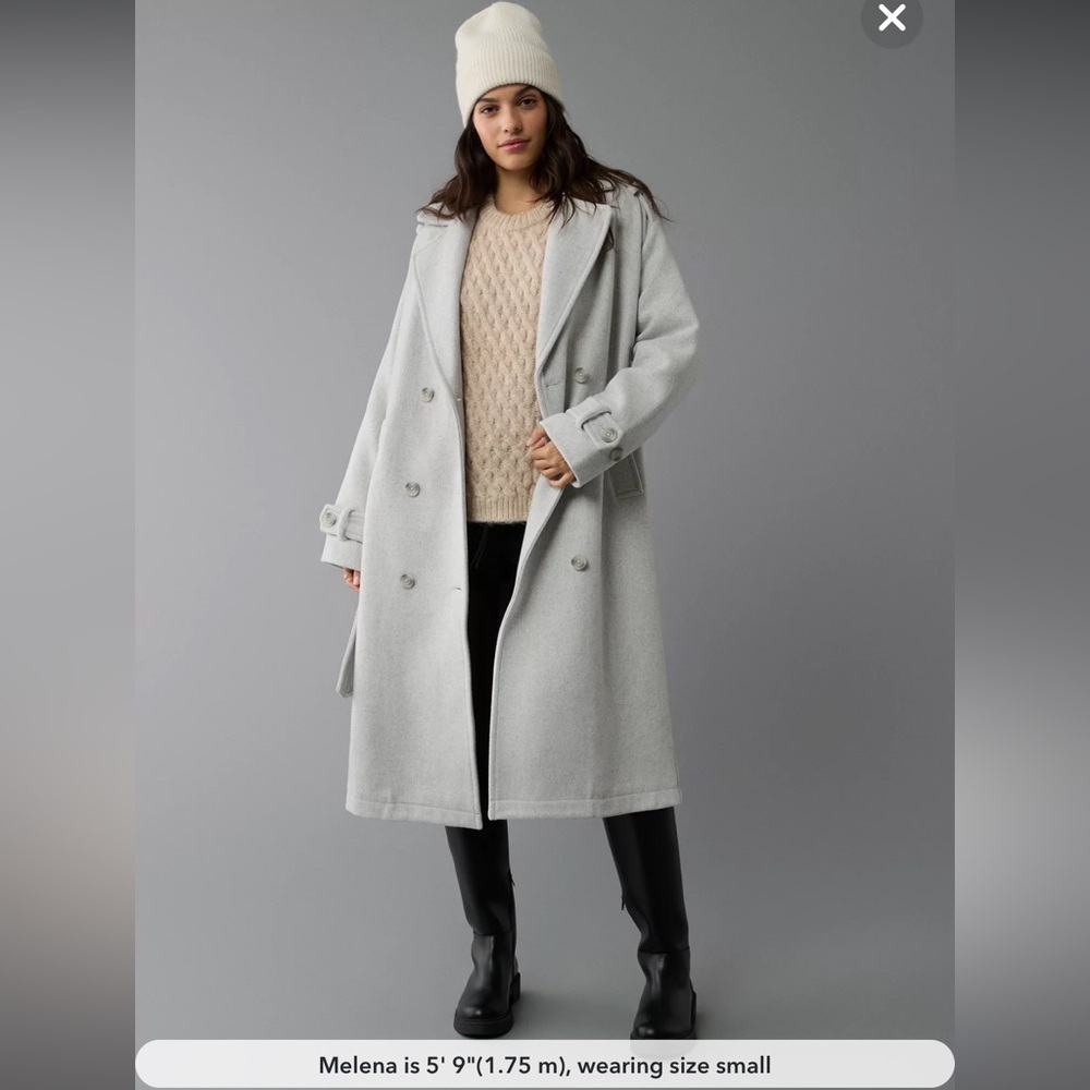 Gray Trench Coat with Belted Waist and Lapel Collar
